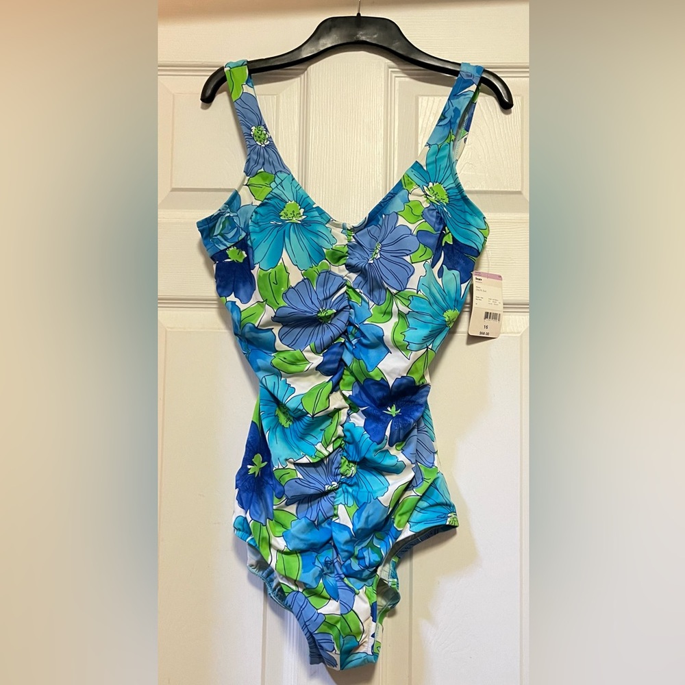 Sears blue floral one piece swimsuit, Misses size 16